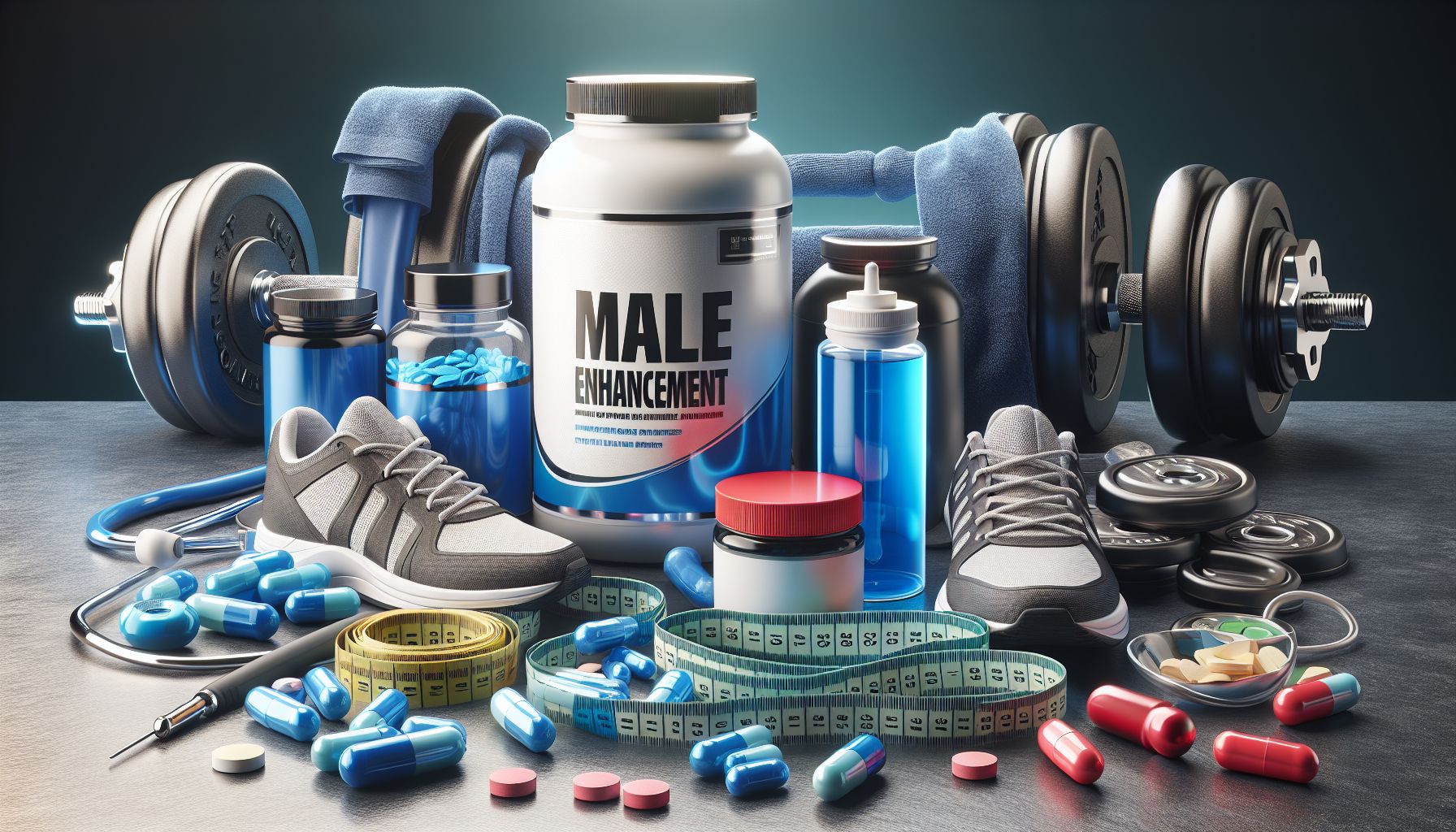 Image portraying a variety of male enhancement products such as supplements, pills, and topical gels.